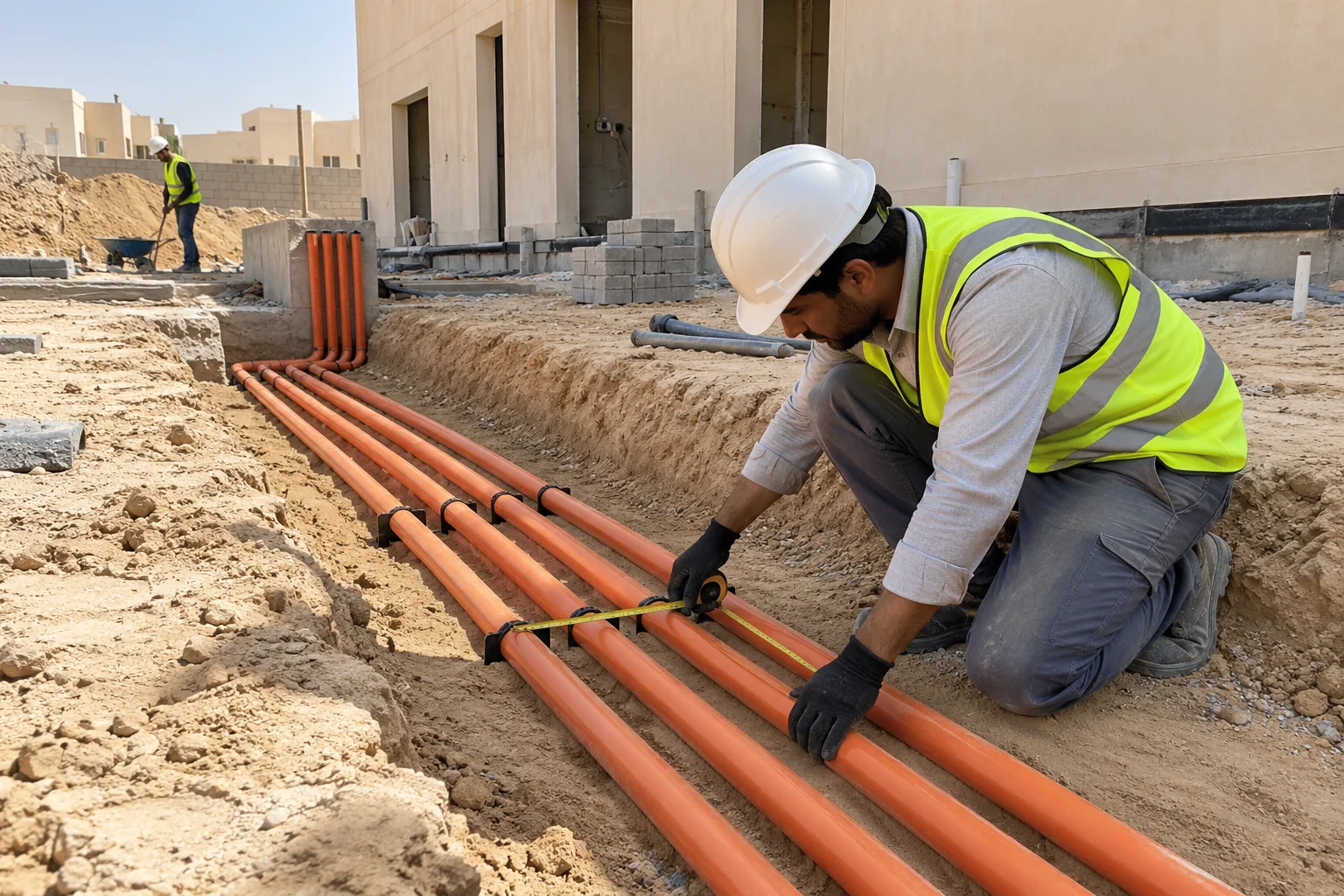 Civil utility trench work beside a building site