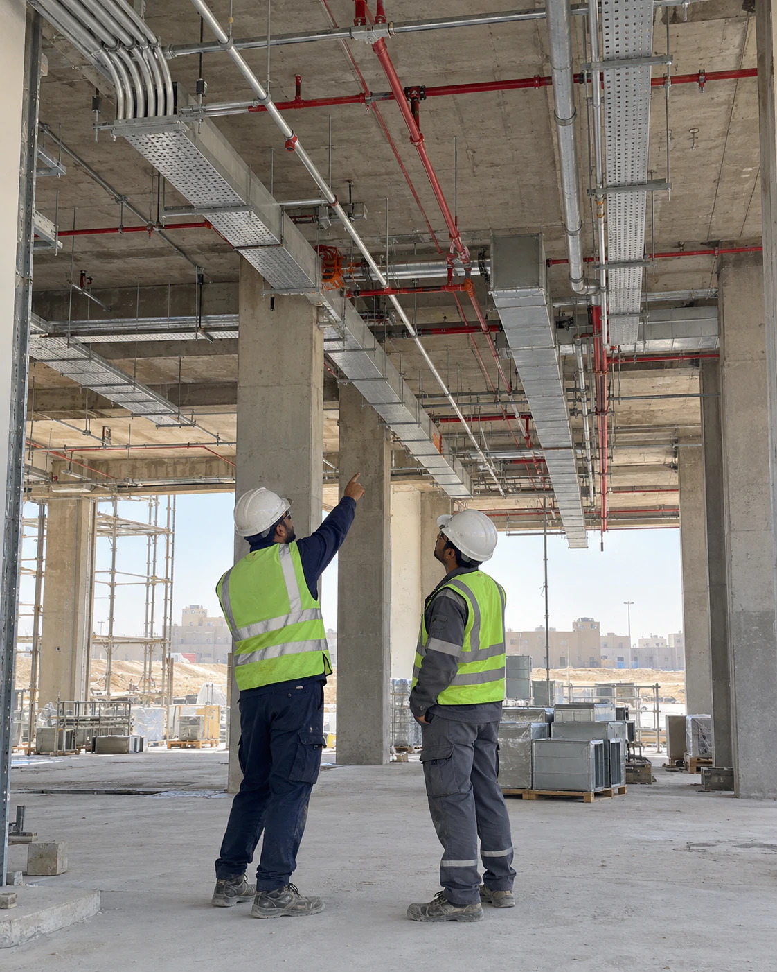 Technicians reviewing overhead building services