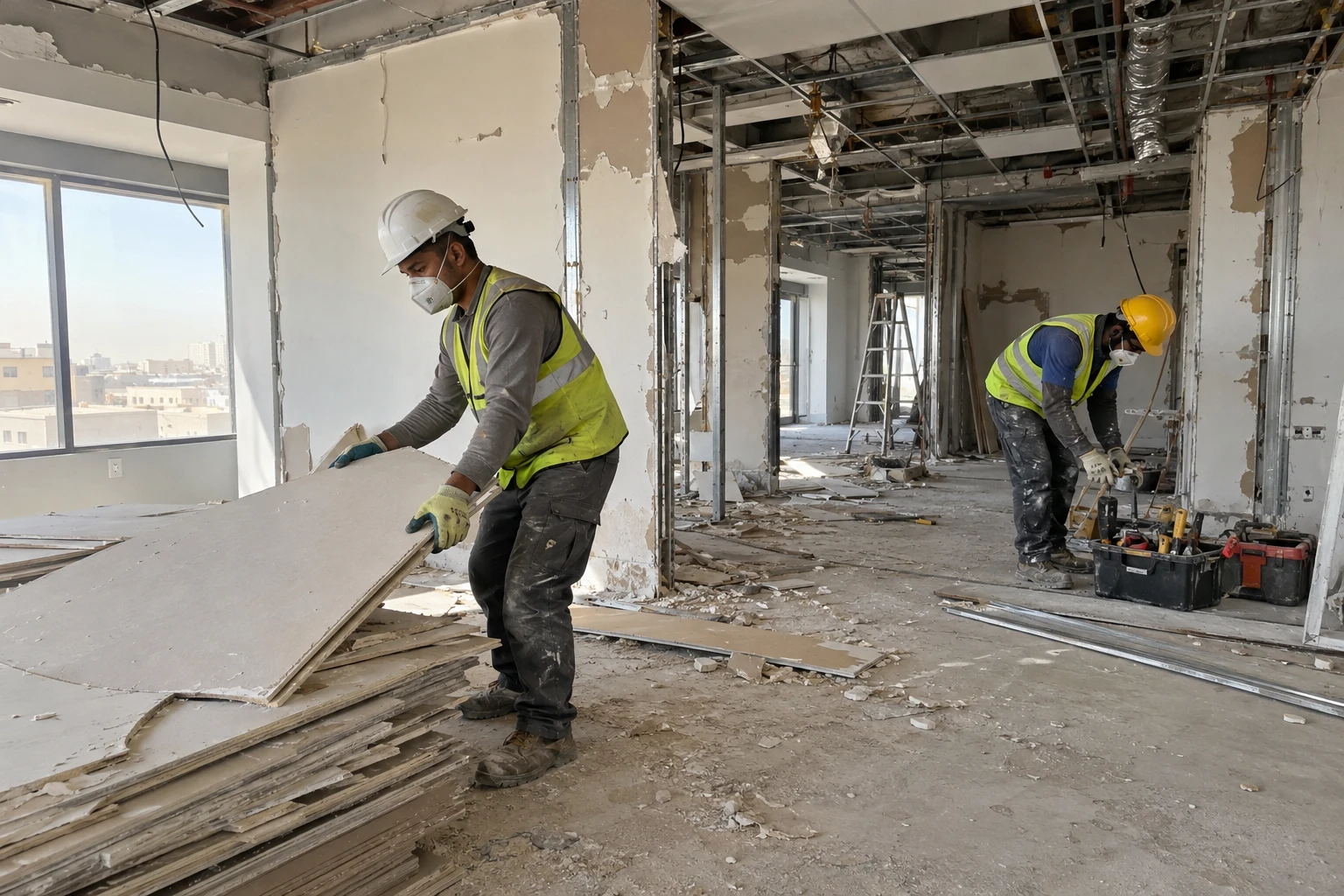 Illustrative interior strip-out with workers removing partitions