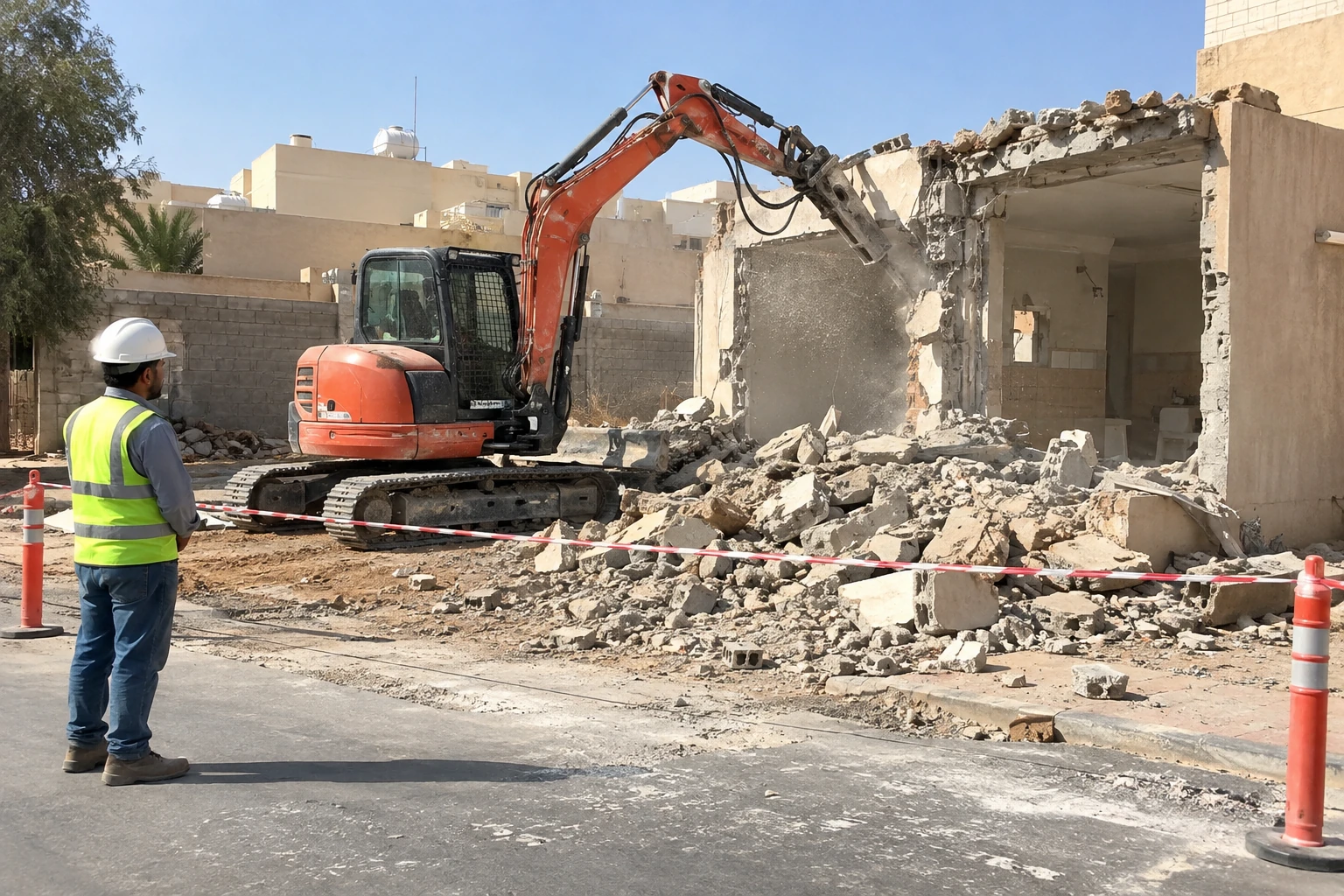 Illustrative demolition work with an excavator behind a site exclusion barrier