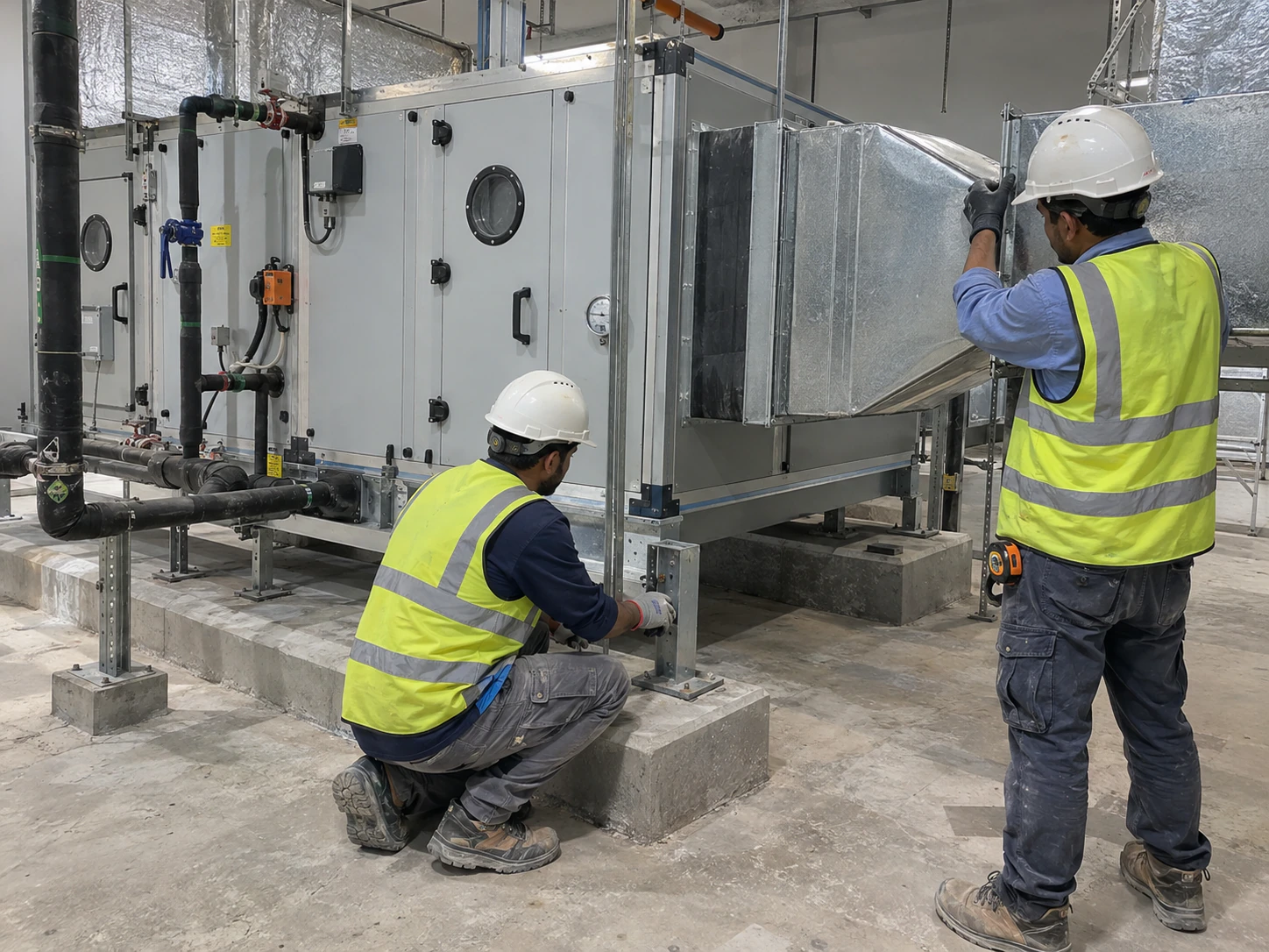 Technicians working around installed mechanical equipment