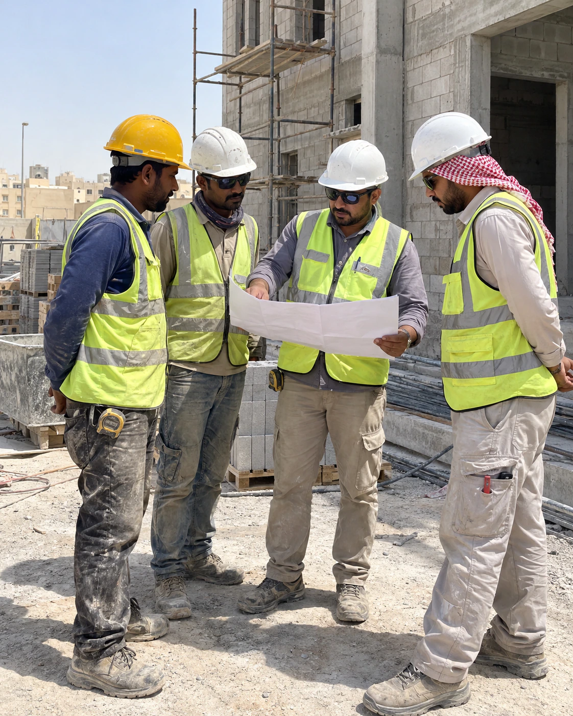 A work team discussing drawings at a building site