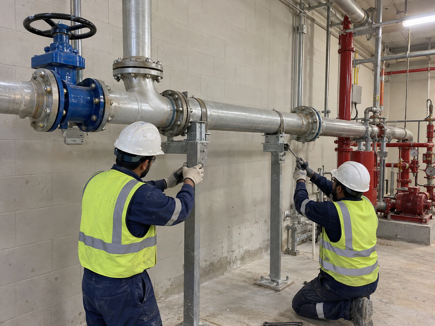 Technicians working around installed mechanical equipment