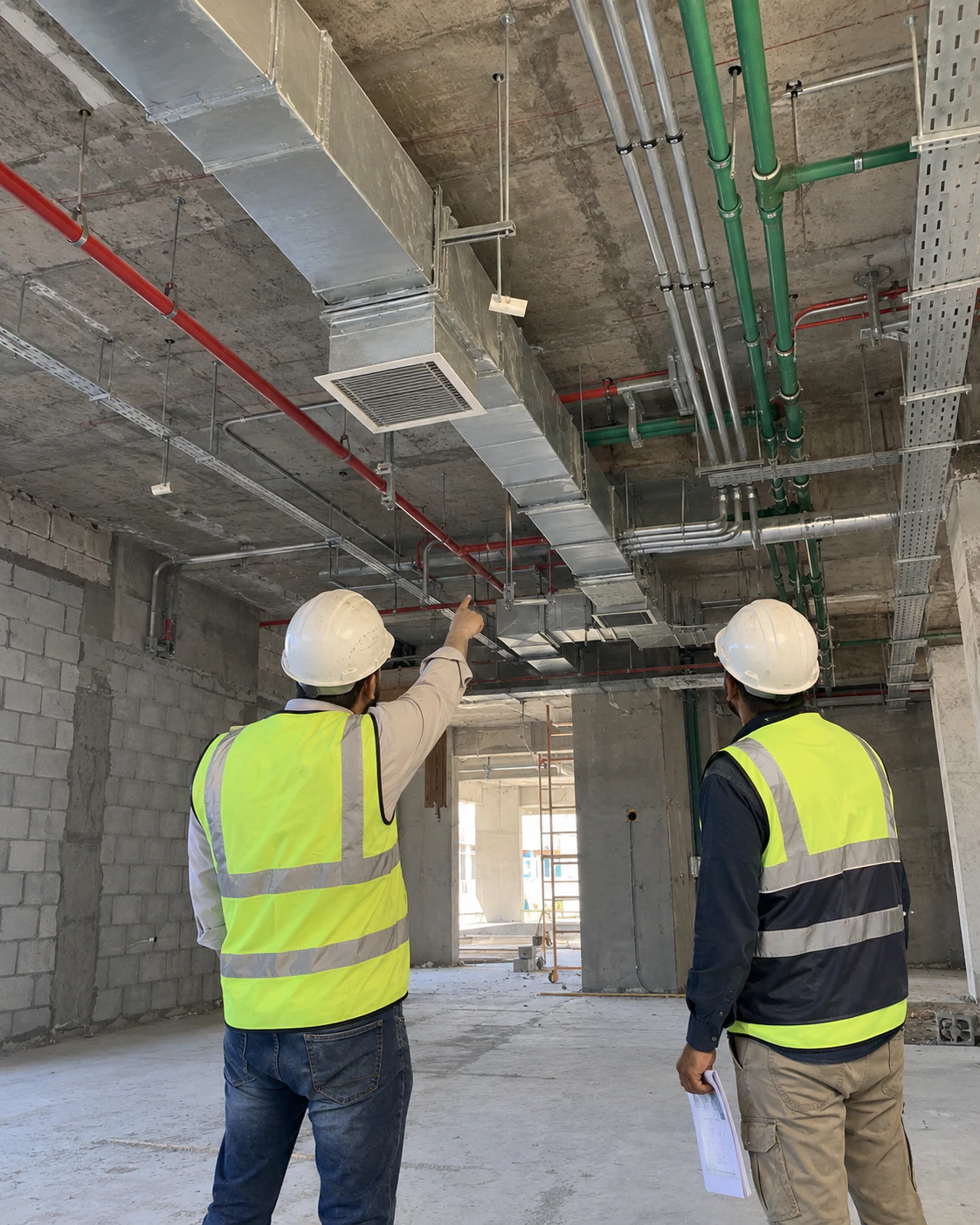 Technicians checking overhead MEP routes