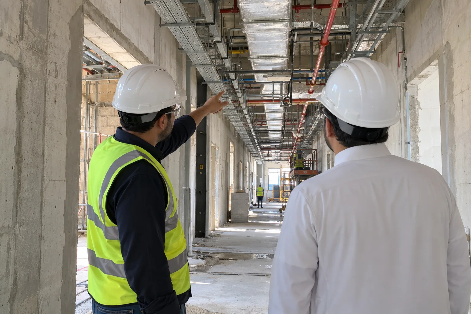 Site team discussing building services coordination