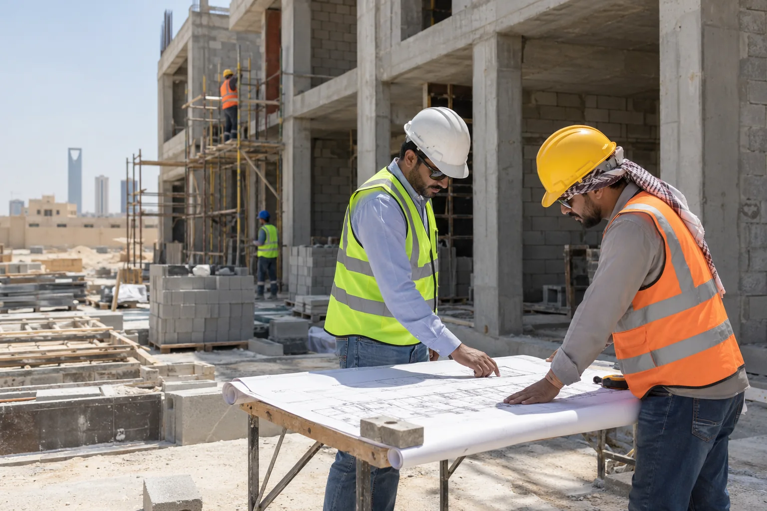 Workers reviewing drawings before site execution