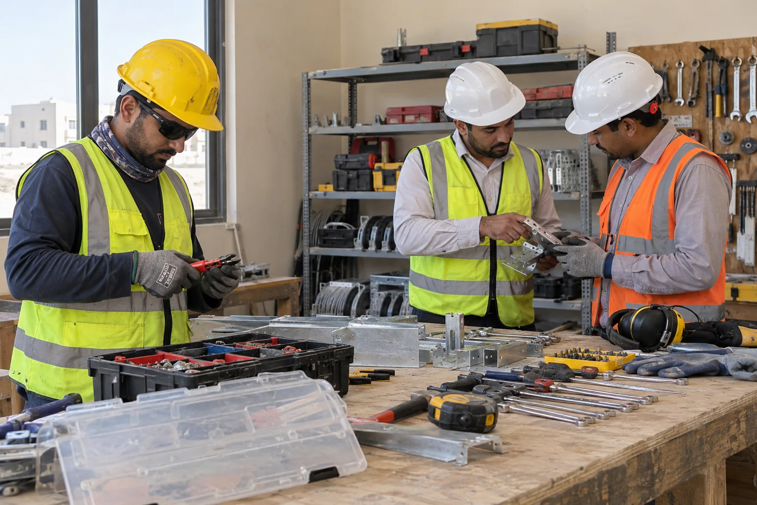 Workers preparing tools and materials for site tasks